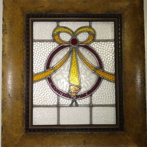 Framed Antique Ribbon Stained Glass Window Gryphon Moulding Art Nouveau